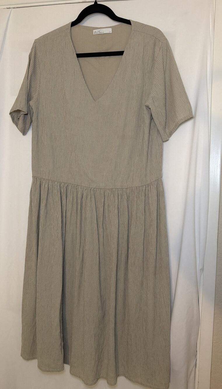 Oak + Fort Summer Dress Cotton Seersucker Gathered Waist Beige Stripe Size Med